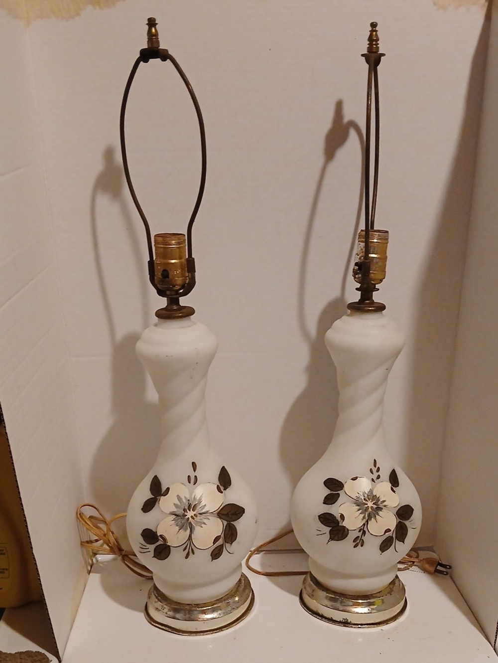 Vintage Mcm Frosted Milk White Glass Table Lamps with Gold Floral Accents - Pair